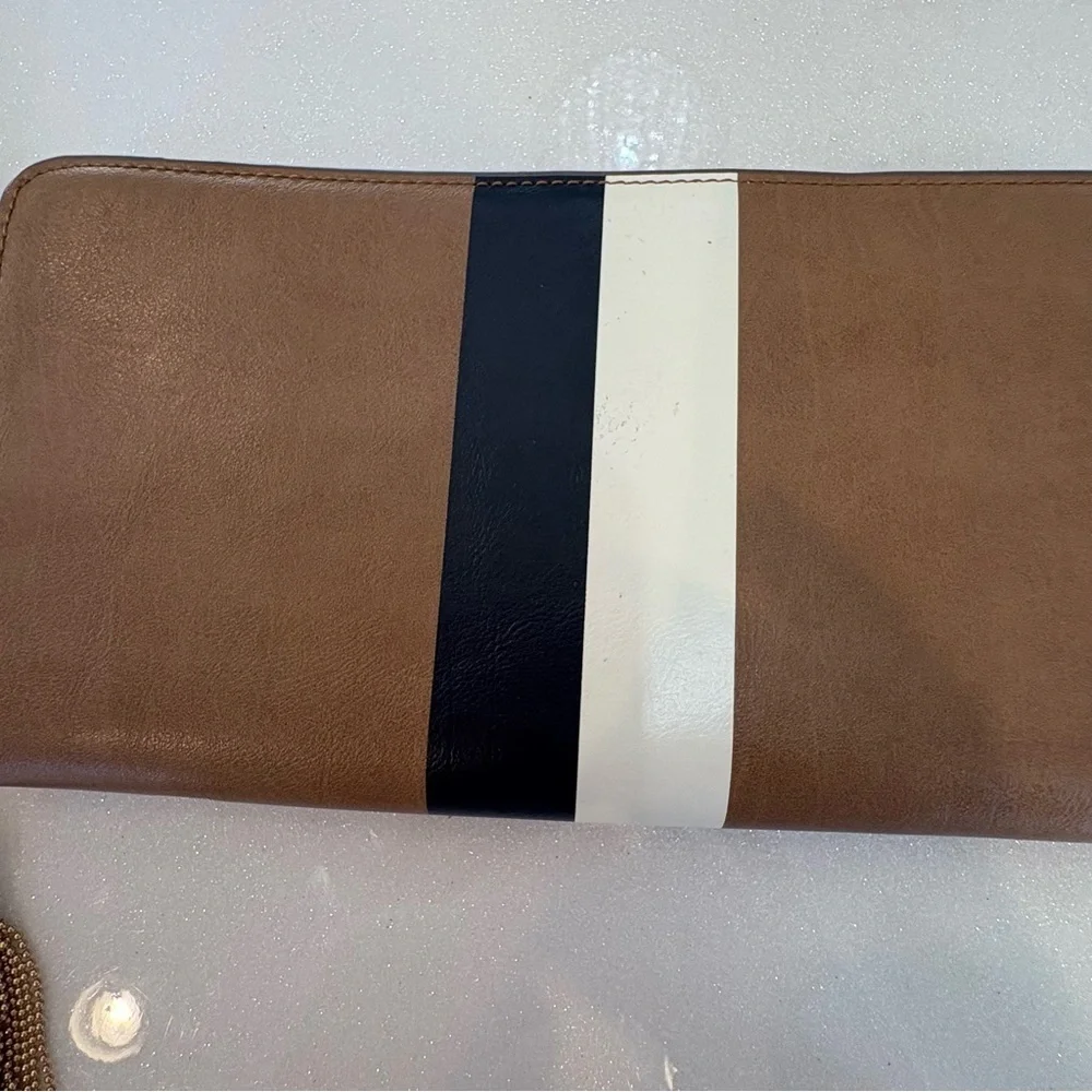 The Limited Tan and Gold Wallet Wristlet Clutch Gold Tassle Chain Beige striped